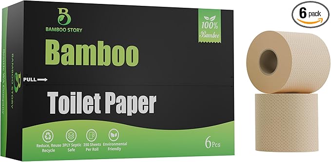 Bamboo Story, Bamboo Toilet Paper Unbleached, 6 Rolls, 3 Ply and 350 Sheets Bamboo Toilet Tissue - FSC Certified, Biodegradable, Chemical Free, Plastic Free, BPA Free, Septic Safe Toilet Paper
