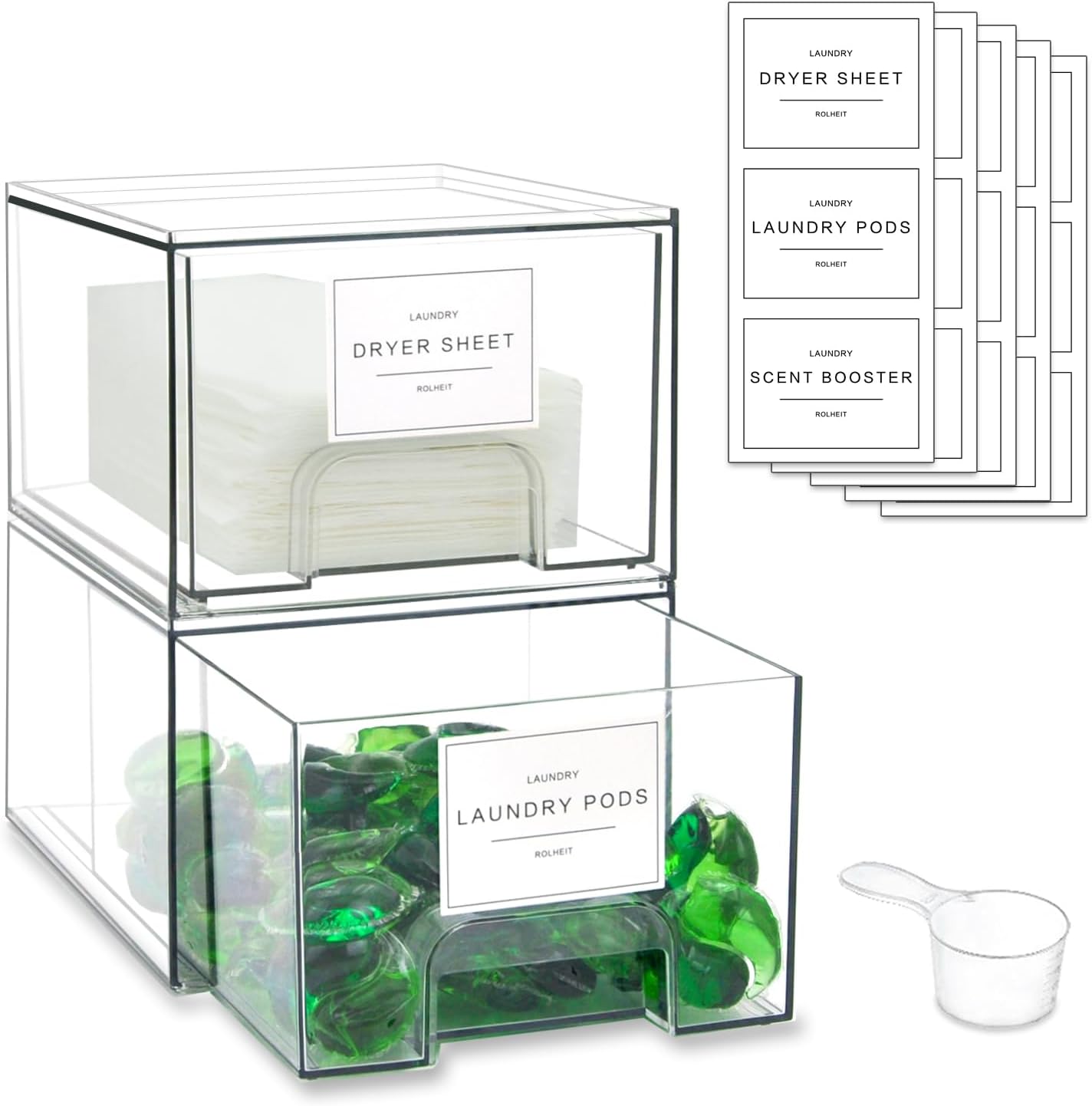 2 Pack Laundry Room Organization Storage Drawers with Labels, Clear Stackable Dryer Sheet Holder and Pod Containers, Detergent Dispenser for Laundry Room Organizing and Decor
