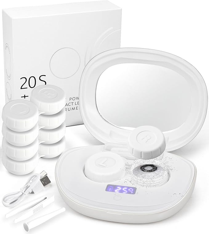 ofone Contact Lens Cleaner, Ultrasonic Contact Lens Cleaning Machine with USB Charger, Timer Display and 5 Contact Solution Cases Kit Replacement for Soft Hard Colored RGP Lenses (White)