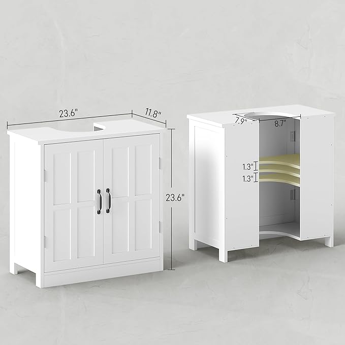 kleankin Pedestal Sink Storage Cabinet, Under Sink Cabinet with 2 Doors and Adjustable Shelf, Bathroom Vanity with U-Shape Cut-Out, White