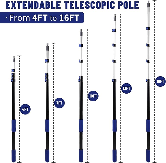 Telescopic Pole 16 FT Aluminum Extension Pool Tool with Flip-Lock Equipped with Universal Accessories, Telescoping Pole for Cleaning, Dusting and Painting