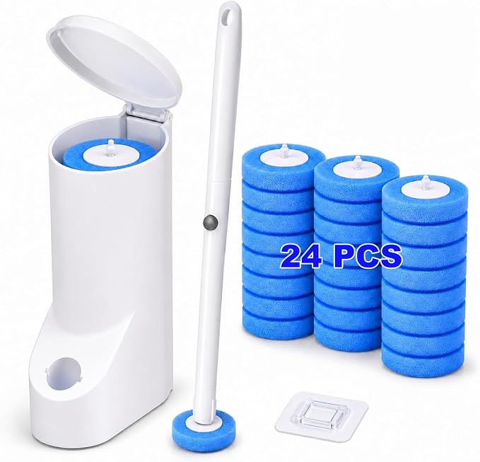 Disposable Toilet Brush, Toilet Bowl Cleaner Brush with 24 Wand Cleaner Refills, Wall Mounted Toilet Brush and Holder Set for Bathroom Deep Cleaning and Hygienic