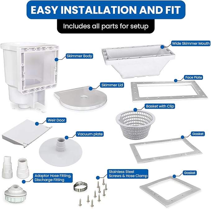 JED Pool Tools 45-405 Wide Mouth Thru-The-Wall Skimmer & Accessory Kit for Above Ground Pool and Pool Cleaning Supplies, Made in USA