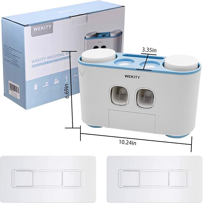 Toothbrush Holder Wall Mounted, WEKITY Multi-Functional Toothbrush and Toothpaste Dispenser for Bathroom, with 5 Toothbrush Slots and 4 Wall Adhesives, 2 Toothpaste Squeezers and 4 Cups