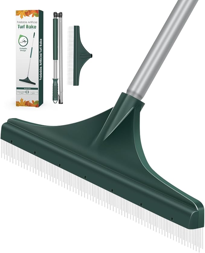 Artificial Grass Turf Rake with Foldable Lightweight Steel Handle, 51" Folding Turf Brush for Carpet Cleaner with Ergonomic Design, Suitable for Pet Hair Removal, Silver Handle and Green Head