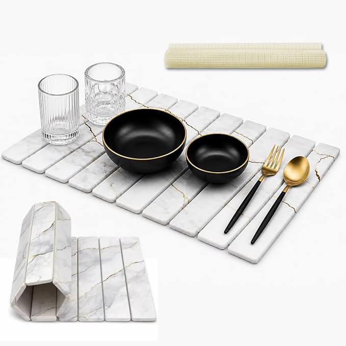 Large Stone Dish Drying Mat for Kitchen Counter, Foldable 24"×16" Diatomaceous Earth Mat, Super Absorbent Marble Stone Drying Pad for Dishes, Cups, Bottles (White Marble)