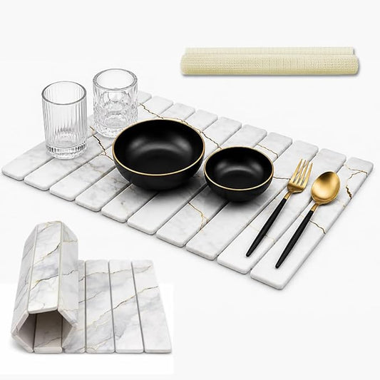 Large Stone Dish Drying Mat for Kitchen Counter, Foldable 24"×16" Diatomaceous Earth Mat, Super Absorbent Marble Stone Drying Pad for Dishes, Cups, Bottles (White Marble)
