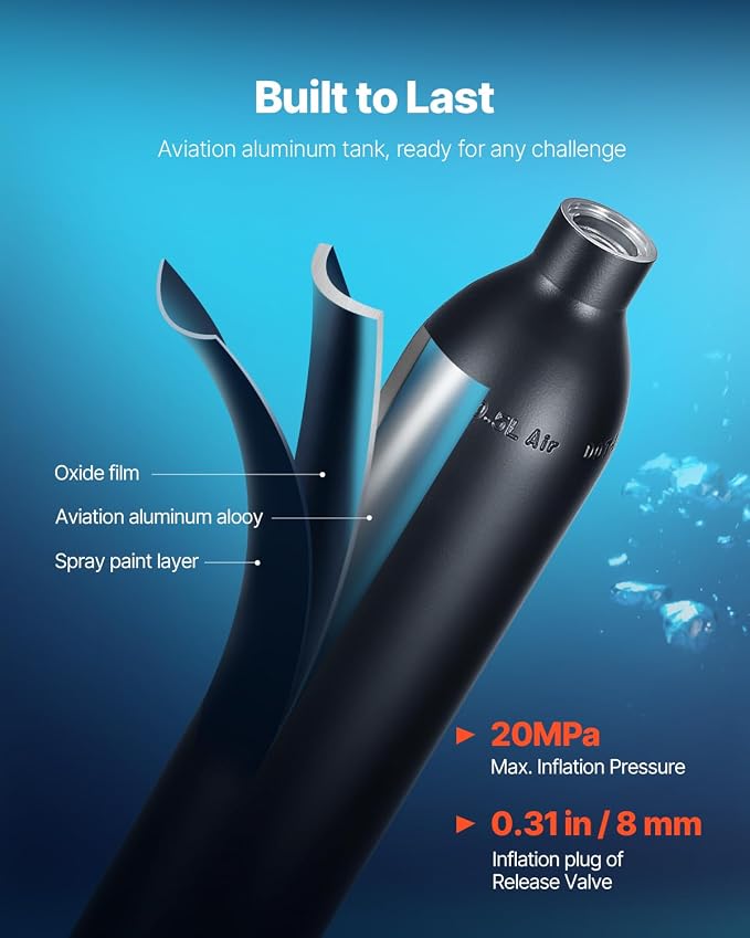 VEVOR Scuba Tank, 0.5L Portable Scuba Diving Tank, Diving Oxygen Cylinder Supports 5-10 Minutes Underwater Breathing, 98.43 ft Diving Depth, Lung Tank Kit with Snorkel Mask for Underwater Exploration