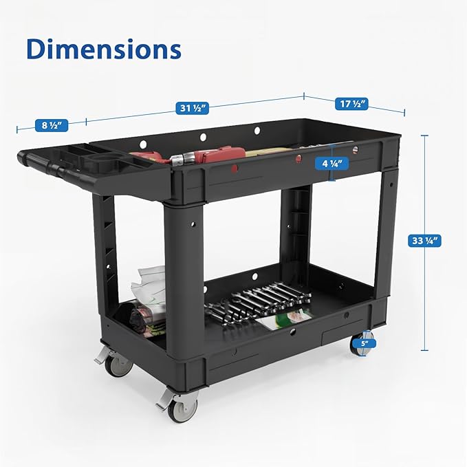 Our Modern Space Commercial Grade 2 Shelf Utility Cart with Wheels - Rolling Tool Trolley, Heavy Duty Service Push Cart for Business Warehouse Office Restaurants Ecommerce Garage