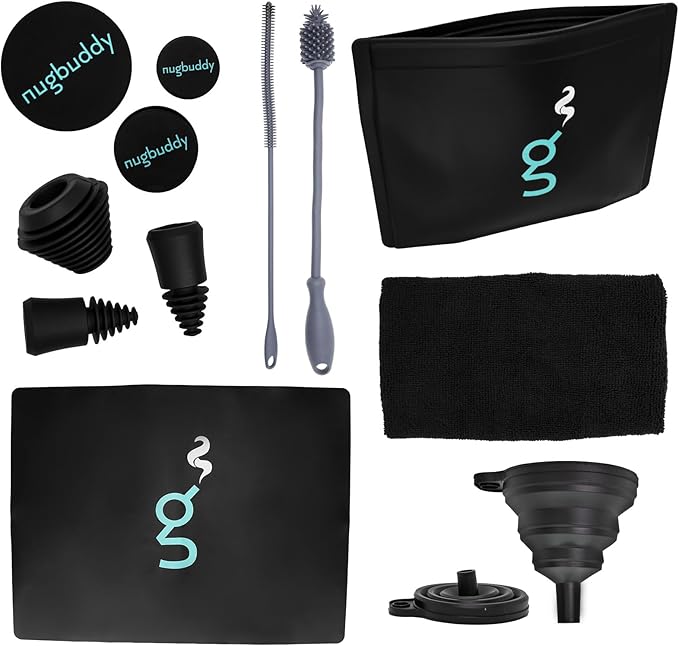 nugbuddy Glass Cleaning Kit - Reusable Silicone Accessories - Complete Kit to Clean your Piece, Just Add Cleaner - Reusable Soaker Bag, Brushes, Mat, Caps & Plugs, Funnel, & Microfiber Towel