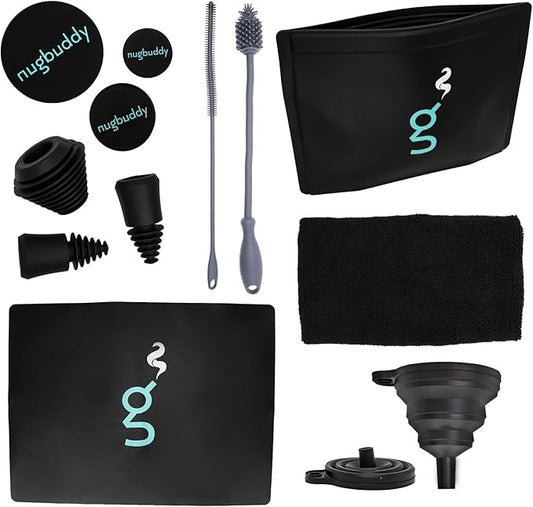 nugbuddy Glass Cleaning Kit - Reusable Silicone Accessories - Complete Kit to Clean your Piece, Just Add Cleaner - Reusable Soaker Bag, Brushes, Mat, Caps & Plugs, Funnel, & Microfiber Towel