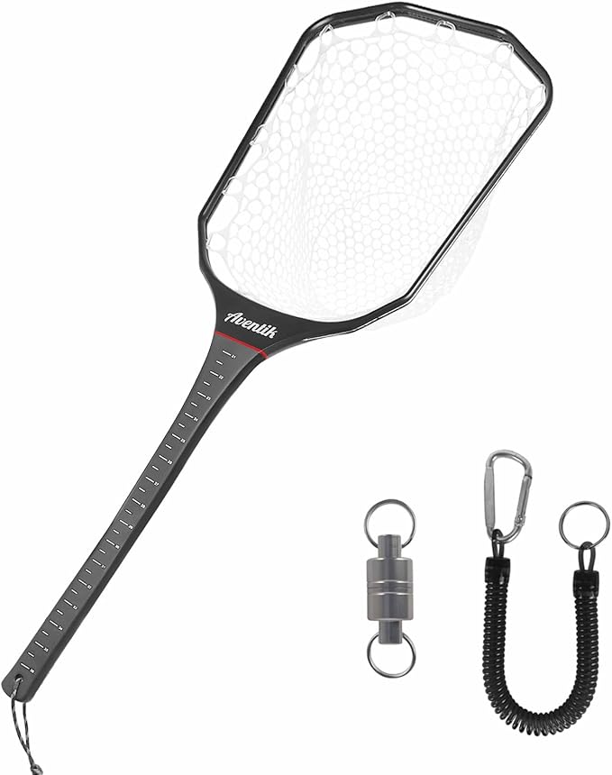 Aventik Floating Fly Fishing Net Carbon Fiber Square Landing Net with Accurate Measuring Handle Clear Rubber Ghost Mesh for Professional Trout Fishing Catch & Release