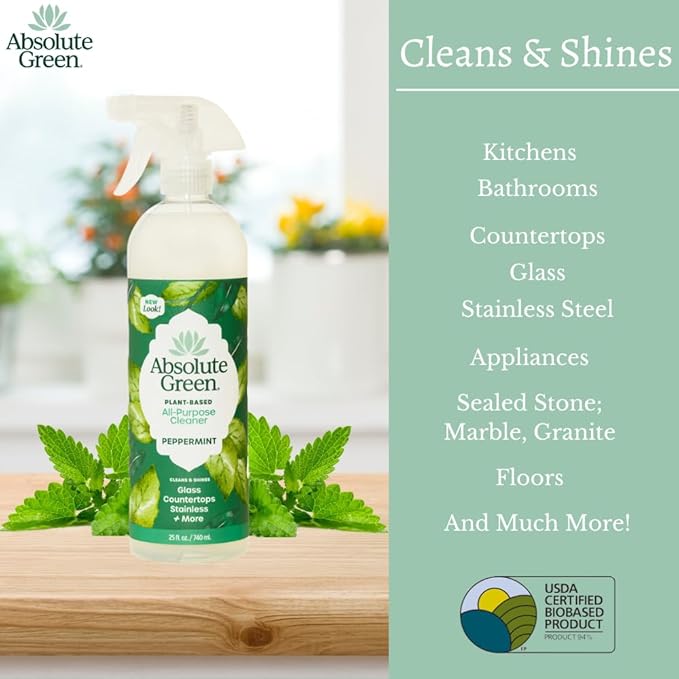 Absolute Green All Purpose Cleaner Spray, Non-Toxic, Kitchen, Bath, Countertop, Stainless, Safe around Kids + Pets, Natural Peppermint Scent, 25 oz (2 Pack)