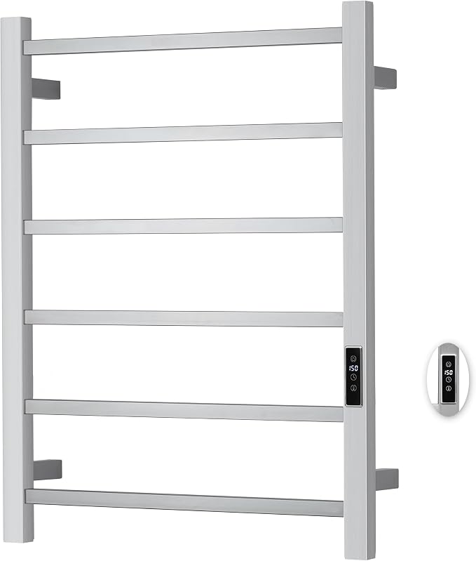 Heated Towel Racks for Bathroom, Wall Mounted Electric Towel Warmer Racks with Timer & Temperature Control, Stainless Steel Towel Heater for Bathroom (Square-Brushed 6 Bars)