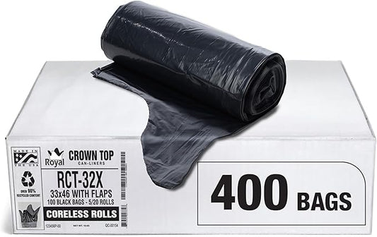 Aluf Plastics Star Sealed Coreless Rolls with E-Z Tie Flap Closure, 40-45 gal, Polyethylene, 33" x 46", Black (Pack of 400)