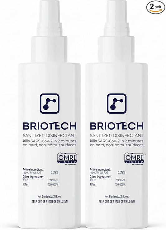 BRIOTECH Sanitizer Disinfectant Hypochlorous Spray, Kill 99.99% of Viruses & Bacteria, Control Mold, Eliminate Odor, Gentle for Nurseries, Food Contact Surface Sanitizer, 2 fl oz Travel Size (2 Pack)