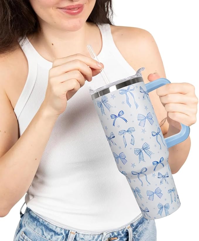 Ceovfoi 40 Oz Blue Bow Tumbler With Handle, Blue Bow Decor Coffee Travel Mug Cup Water Bottle, Gifts for Women Girls