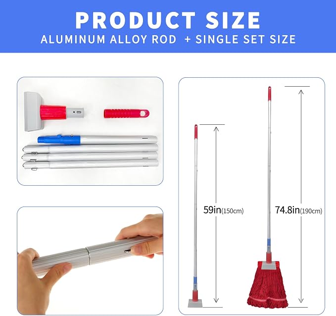 Commercial Mop-Heavy Duty Industrial 59 inch Looped-End String Mop Heavy Duty Industrial Cotton Mophead Includes 2 Head for Home,Garage, Workshop, Warehouse Floor Cleaning-red