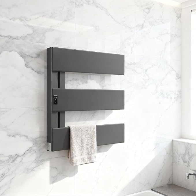 Verida Towel Warmer Rack, Support Hardwired and Plug-in, Wall-Mounted Electric Towel Heater, with Built-in Timer, Waterproof Aluminum Towel Warmer for Bathroom, LV-2S Gray