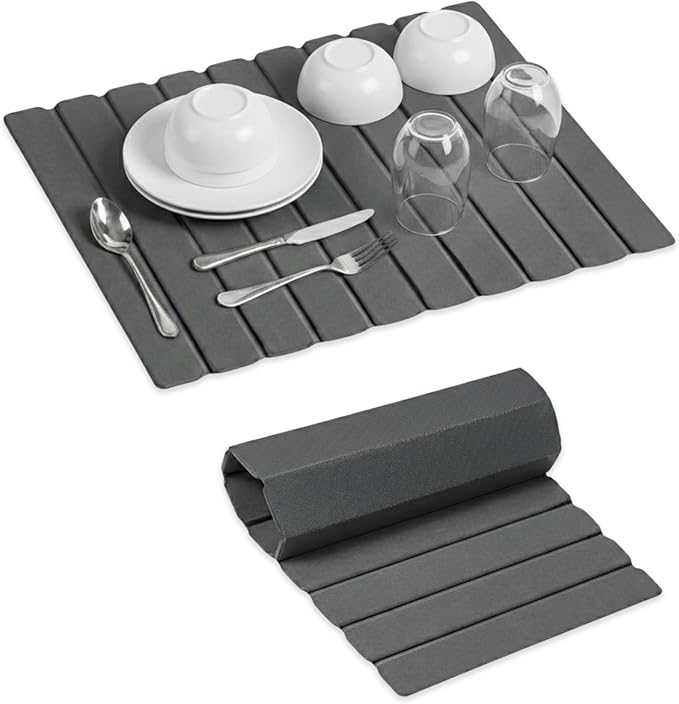 Stone Dish Drying Mat 24" x 16" – Dish Drying Stone – Large Diatomaceous Earth Drying Mat with Non-Slip Base – Quick Dry Kitchen & Bathroom Drying Pad for Dishes, Glassware & Bottles (Solid Dark Grey)