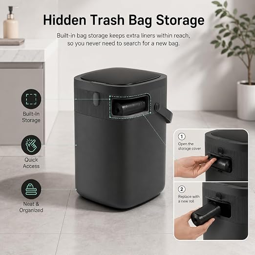 WM-DZT-12-36S Smart Motion Sensor Trash Can, Ultra-Quiet Soft-Close | Long Battery Life | Built-in Bag Storage & Portable PU Handle (Black)