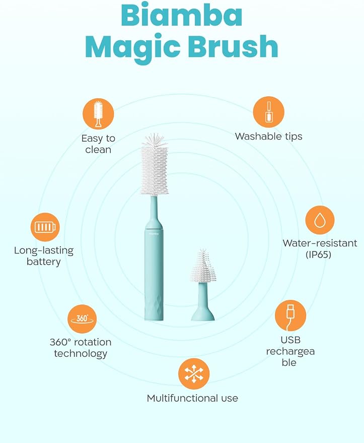 Magic Brush - Electric Baby Bottle Brush Cleaner with 360-Degree Rotation, Baby Bottle Cleaner Set with Silicone Head, USB Rechargeable, Water-Resistant Design, Nipples & Feeding Accessories