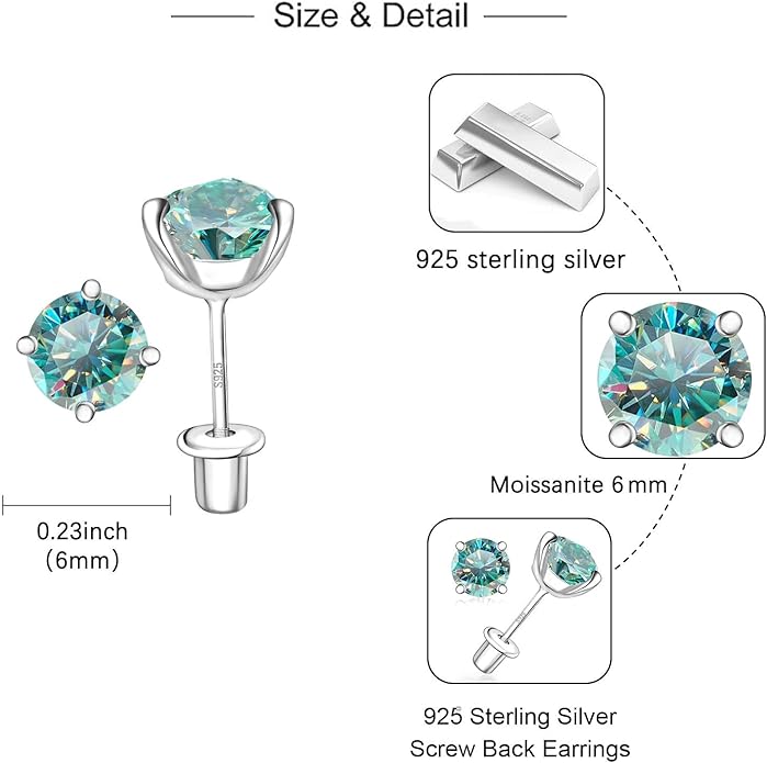 Moissanite Screw Back Earrings Studs - 0.2CT-4CT Moissanite Earrings for Women 925 Sterling Silver Piercing Real Colorful Moissan Hypoallergenic Jewelry Ear Stud Gifts