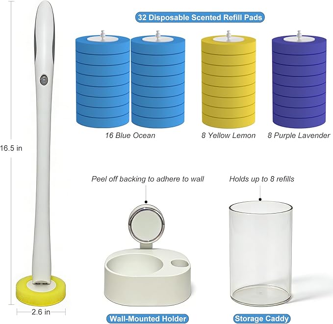Taiuloo Disposable Toilet Brush, Wall Mounted Toilet Bowl Cleaner Wand & Holder with 32 Refills Scrubbing Pads, Bathroom Toilet Wand Kit Deep Cleaning System
