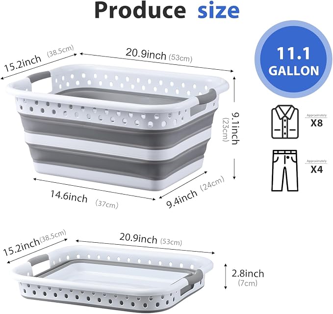 Monozuki Collapsible Sink Picnic Basket with Handle 4.8 Gal/18.1L Bucket for Cleaning Camping Essentials Space Saving Outdoor Portable Bucket for Camping (Grey*2)