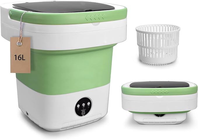 Portable Mini Washing Machine, Foldable Washer and Dryer with 3 Modes Deep Cleaning, Upgraded Small Collapsible Laundry for Hotel, Apartment, Home and Travel - Green
