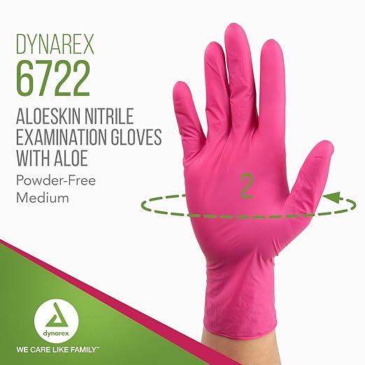Dynarex AloeSkin Nitrile Exam Gloves With Aloe Vera, Powder-Free, Disposable for Dry Hands, Magenta, Medium, 1 Case of 1000 - 10 Boxes of 100