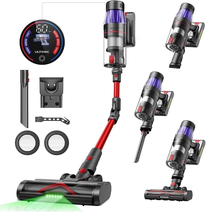Ultenic Cordless Vacuum Cleaner, 600W 55Kpa 60Mins Vacuum Cleaners for Home, with 180°Bendable Wand, Anti-Tangle Brush, Charging Dock, Stick Vacuum Cordless for Pet Hair/Carpet/Floor/Car