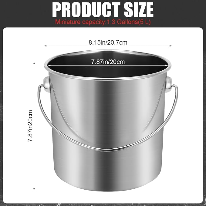 Hsei 2 Pcs Stainless Steel Bucket for Pet Cleaning, 1.3 Gallon Metal Bucket Water Pail with Handle for Fence Kennel Cage Garage Garden Workshop