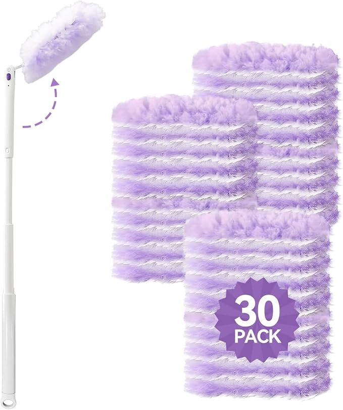 3 ft Extendable Handle with 30 Count Duster Refills, Long Handle Heavy Duty Microfiber Feather Duster, Disposable Multi Surface Duster Kit for Ceiling Fans, Vents and Hard to Reach Places