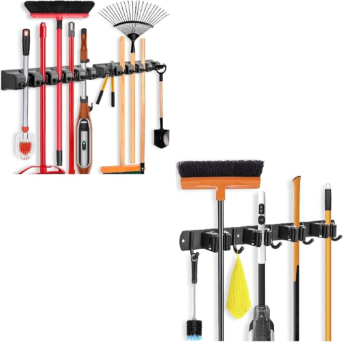 IMILLET Plastic Mop and Broom Holder 2Pack, Stainless Steel Broom Holder 1 Pack Black