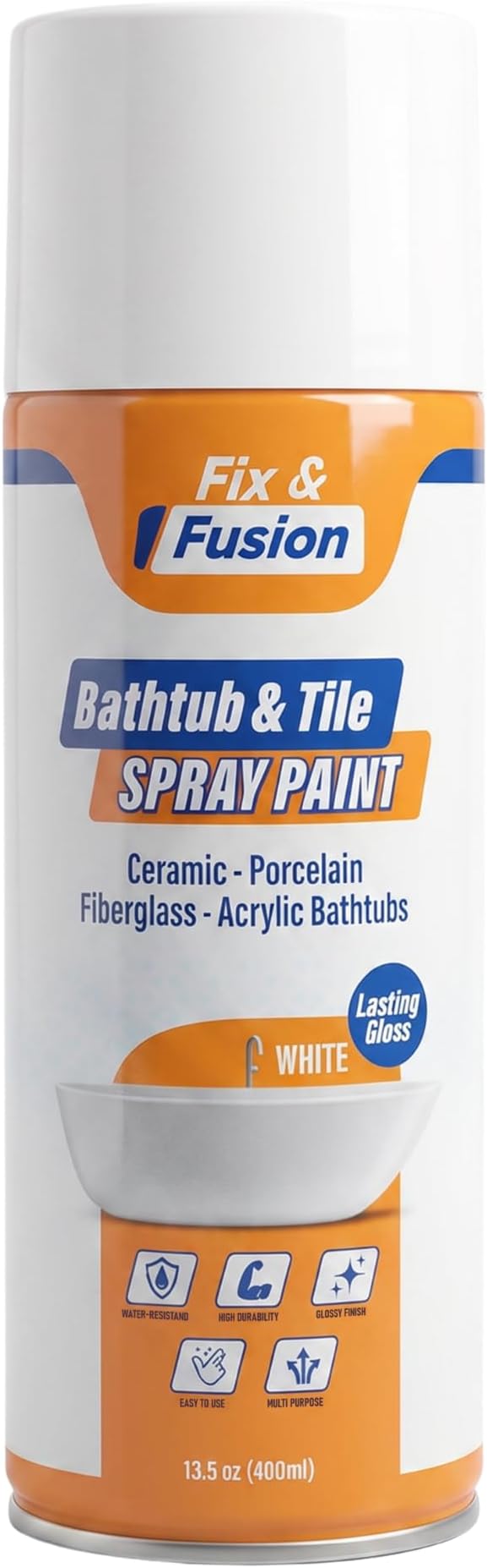 Fix & Fusion Bathtub & Tile Spray Paint, Multi-Surface Coating for Bathroom & Kitchen, High Adhesion, Water-Resistant, for Porcelain, Ceramic, Fiberglass, Countertops & More, White 13.5 oz (Pack of 1)