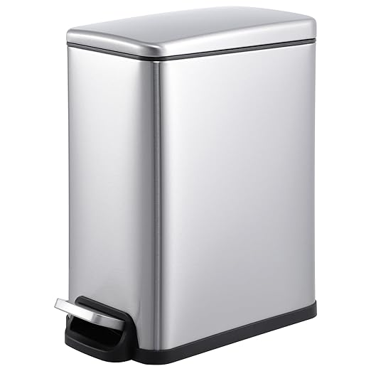 Garvee Small Bathroom Trash Can with Lid, 10 Liter / 2.6 Gallon Stainless Steel Garbage Can with Removable Inner Bucket & Step Pedal, Slim Metal Trash Bin for Toilet, Bedroom, Kitchen, Office, Silver