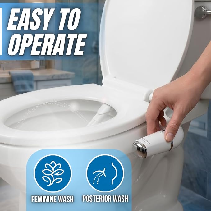 GenieBidet Bidet Attachment for Toilet - Ultra-Slim Hygienic Bidet Attachment For Existing Toilets - Bidet Toilet Seat Attachment with Pressure Controls - Travel Bidet Included (Left Hand Operation)