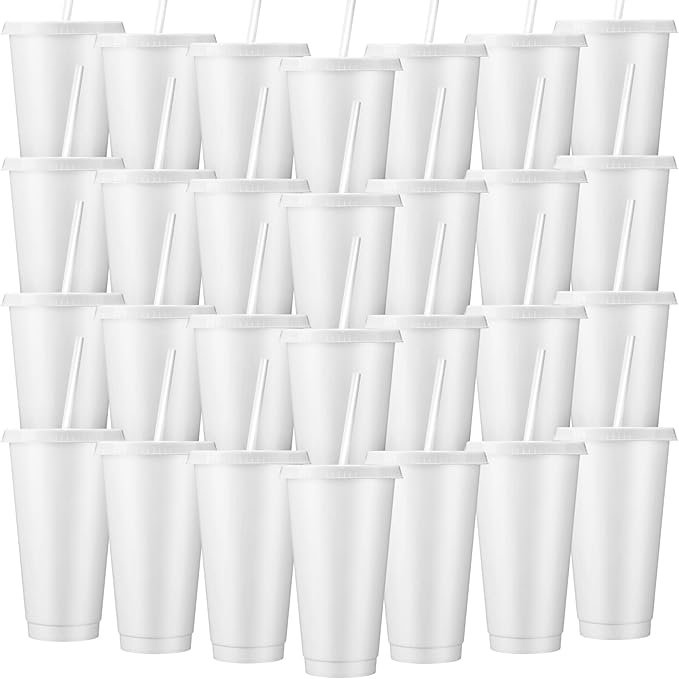 Honeydak 60 Pack Tumbler with Straw and Lid Bulk Cups for Gifts Water Bottle Iced Coffee Travel Mug Cup Reusable Plastic Tumblers for Party Birthdays 24-27 oz (White Color)