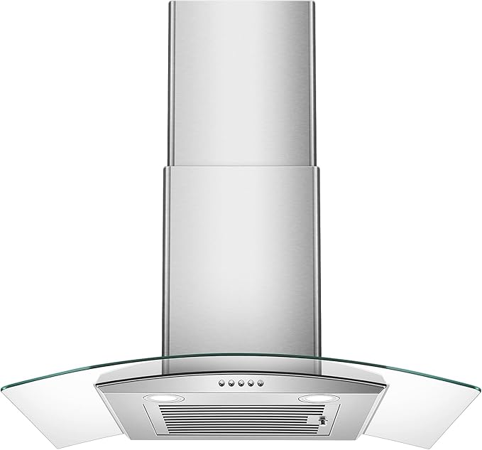 Range Hood 30 Inch, Tieasy Wall Mount Kitchen Hood with Ducted/Ductless Convertible Duct, Stainless Steel Chimney and Baffle Filter, 3-Speed Push Button, LED Lights