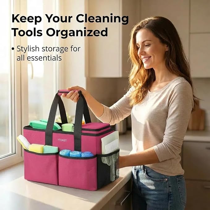 Ytonet Cleaning Caddy, Water Resistant Cleaning Supplies Organizer with Handle & Foldable Divider for Cleaners, Housekeeping Tote for Kitchen & Bathroom, Car Tool Caddy Organizer Bag, Rosered