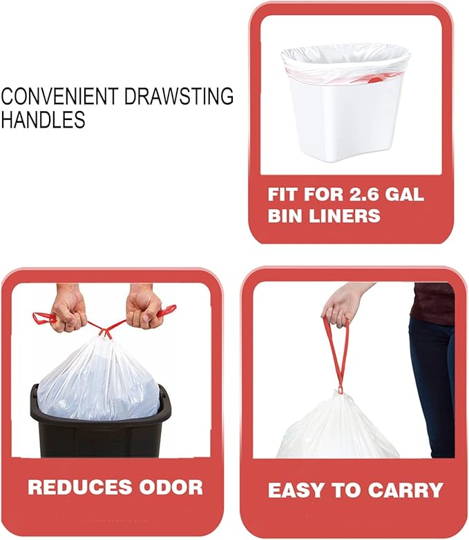BEIDOU-PAC Trash Bags, 2.6 Gallon, 200 Count, Drawstring, Odorless, Extra Thick, White Plastic, Food Scrap Bag for Home Office Bathroom Kitchen Bins