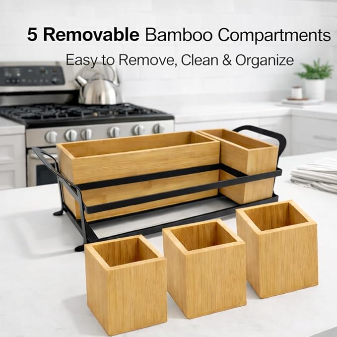 Bamboo Utensil Caddy with Handle - 5 Compartment Silverware Holder for Party & Kitchen Countertop - Removable Wooden Flatware Organizer for Picnic, BBQ, Buffet, RV & Outdoor Dining