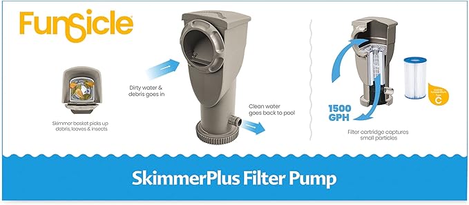 Funsicle SkimmerPlus 1,500 GPH 2-in-1 Filter Pump and Skimmer System for Above Ground Swimming Pools - Easy Pool Cleaning & Maintenance