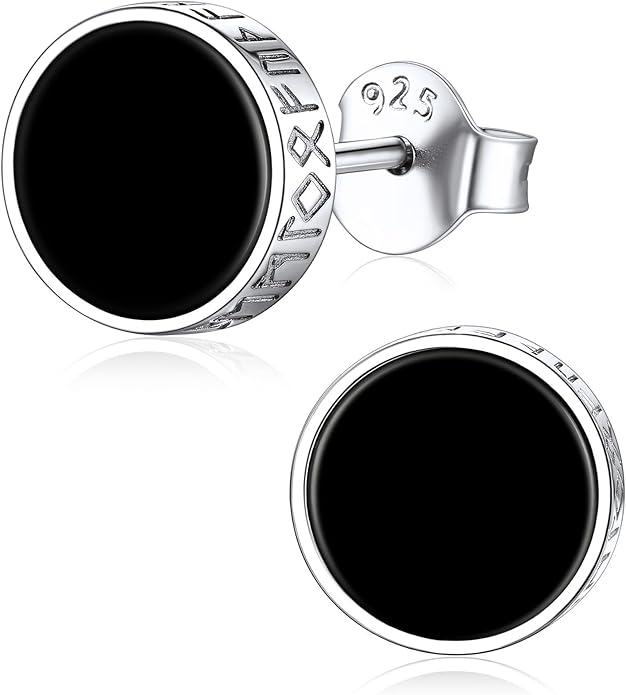 ChicSilver 925 Sterling Silver Viking Rune Natural Black Onyx Stud Earrings For Women Men