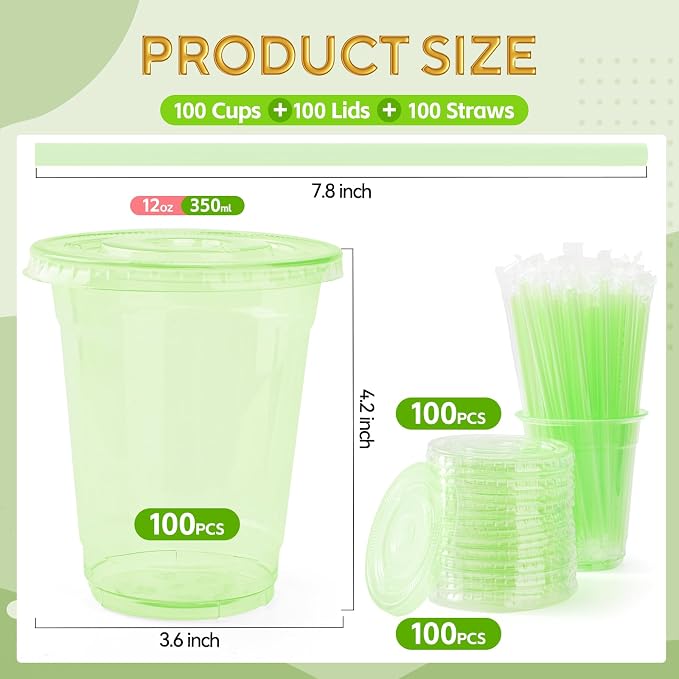 100 Set Green Plastic Cups with Lids and Straws 12 oz Disposable Drinking Clear Cups for Wedding Green Birthday Party Supplies