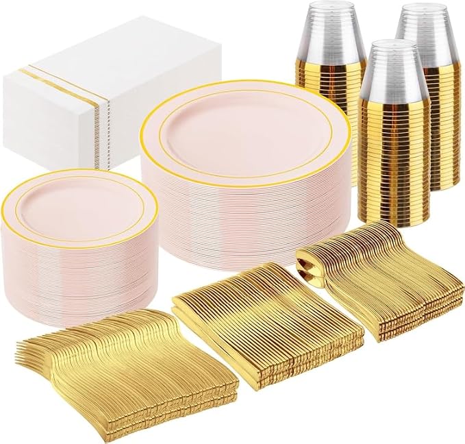 GATHER 350PCS Pink Plastic Plates - Disposable Plastic Dinnerware Set Include 100 Pink Plates, 150 Silverware, 50 Napkins, 50 Cups for Party & Wedding & Baby Shower