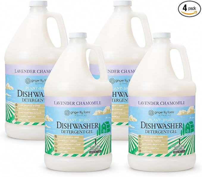 Ginger Lily Farms Plant-Based Dishwasher Detergent Gel, Lavender Chamomile Scent, 1 Gallon Refill (Pack of 4), Eco-Friendly, 100% Vegan & Cruelty-Free