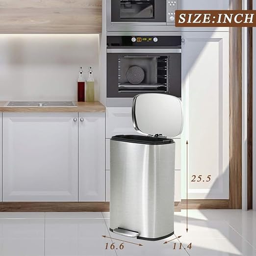 BestOffice 13 Gallon (50L) Trash Can with Lid Garbage Can Commercial Trash Can with Soft-Close Foot Pedal Fingerprint Proof Stainless Steel for Kitchen Home Office Bedroom Bathroom