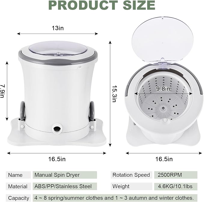 Manual Clothes Dryer Portable Mini Dryer Compact Spinner Non Electric Laundry Washing Machine for RV, Camping, School, Apartment, Dorm